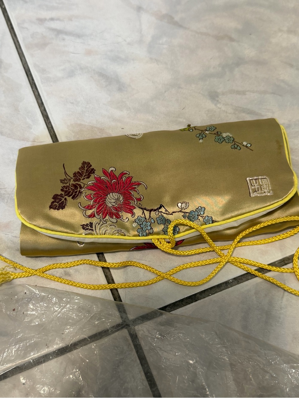 Silk Embroidered Floral Clutch Bag in Olive Green and  Gold jewelry holder